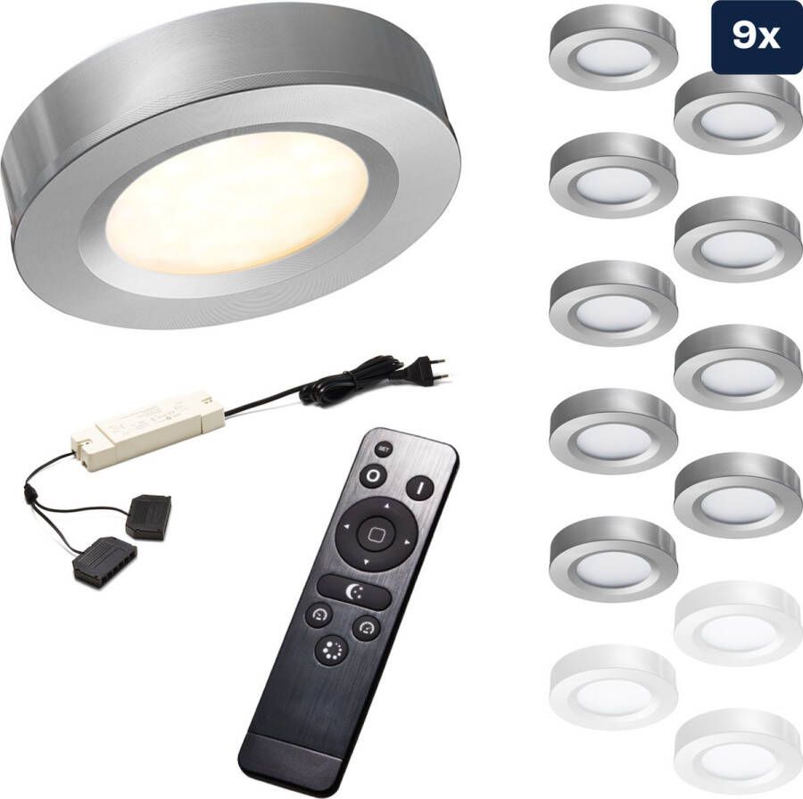 Ledisons Adria 9 zilveren LED opbouwspots met afstandsbediening dimbaar 3 jaar garantie 2700K (extra warm-wit) 200 Lumen 3W IP44