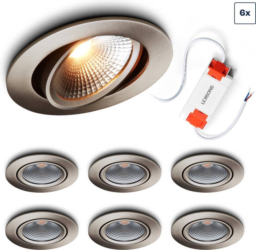 Ledisons LED inbouwspot Cormo set 6 stuks RVS dimbaar Ø100 mm 5 jaar garantie 2700K (extra warm-wit) 450 lumen 5 Watt IP54
