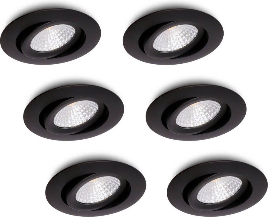 Ledisons LED inbouwspot Lumino set 6 stuks zwart dimbaar Ø80 mm 5 jaar garantie 3000K (warm-wit) 630 lumen 7 Watt IP54