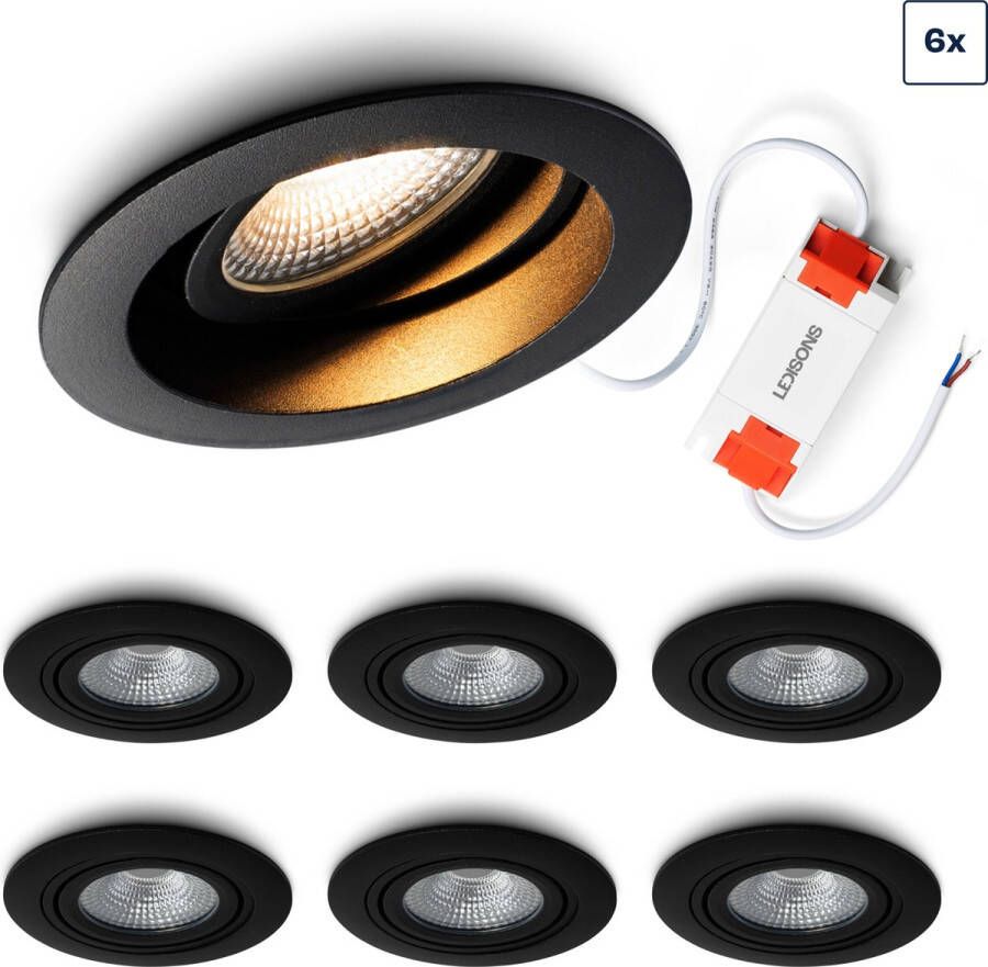 Ledisons LED inbouwspot Mezzano set 6 stuks zwart dimbaar Ø95 mm 5 jaar garantie 3000K (warm-wit) 450 lumen 5 Watt IP65
