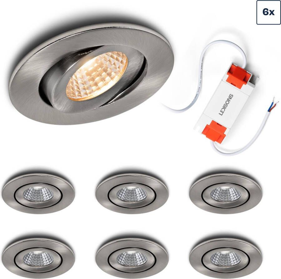 Ledisons LED inbouwspot Midi set 6 stuks RVS dimbaar 62 mm 5 jaar garantie 2700K (extra warm-wit) 270 lumen 3 Watt IP54