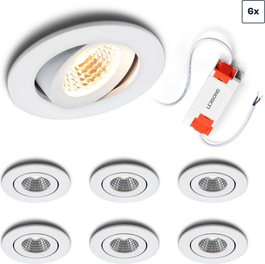 Ledisons LED inbouwspot Midi set 6 stuks wit dimbaar 62 mm 5 jaar garantie 2700K (extra warm-wit) 270 lumen 3 Watt IP54