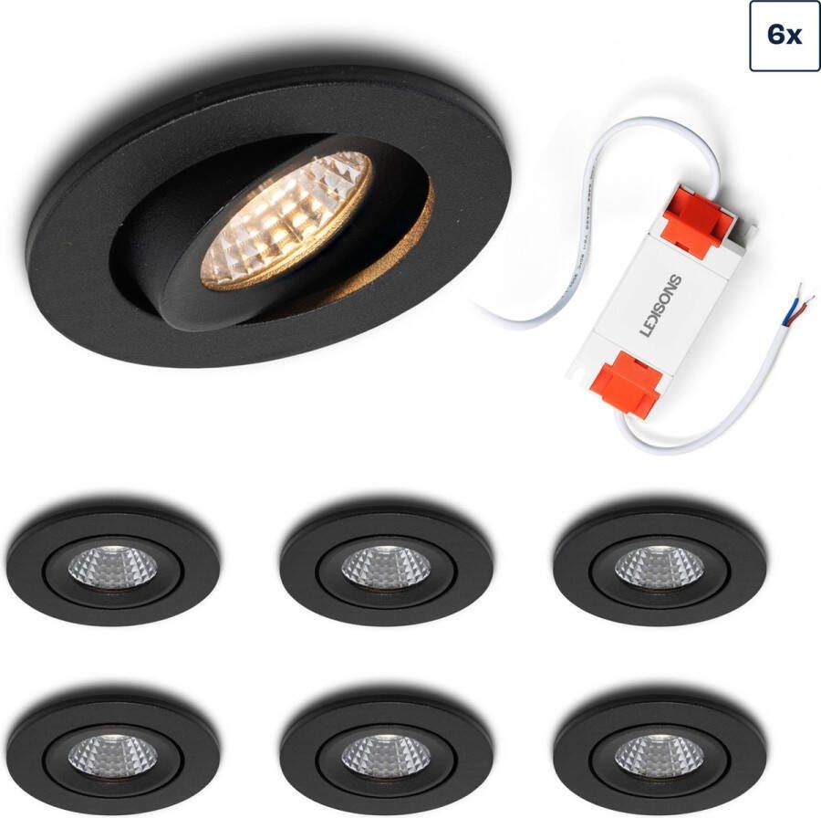 Ledisons LED inbouwspot Midi set 6 stuks zwart dimbaar 62 mm 5 jaar garantie 4000K (neutraal-wit) 270 lumen 3 Watt IP54