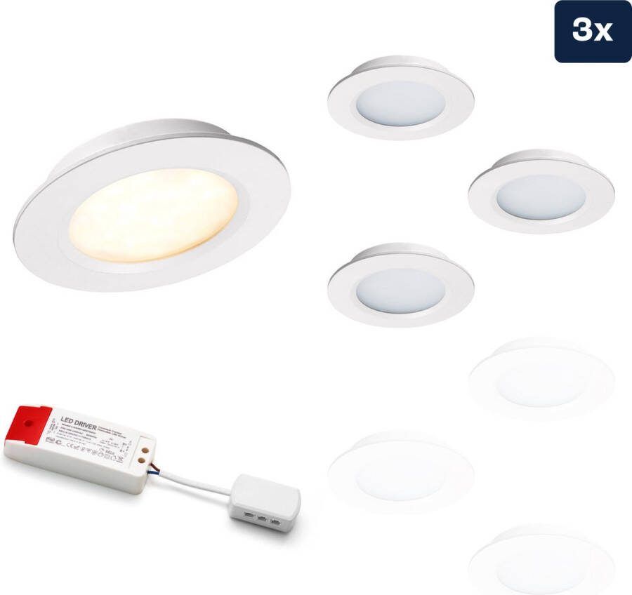 Ledisons LED Inbouwspot Modena 3W Spot Set van 3 stuks Dimbaar Spotje Extra Warm Wit IP44 Geschikt als Badkamer Lamp Plafondlamp Wit Ø68 mm