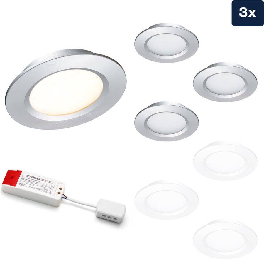 Ledisons LED Inbouwspot Modena 3W Spot Set van 3 stuks Dimbaar Spotje Extra Warm Wit IP44 Geschikt als Badkamer Lamp Plafondlamp Zilver Ø68 mm