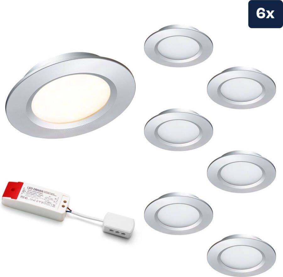 Ledisons LED Inbouwspot Modena 3W Spot Set van 6 stuks Dimbaar Spotje Extra Warm Wit IP44 Geschikt als Badkamer Lamp Plafondlamp Zilver Ø68 mm