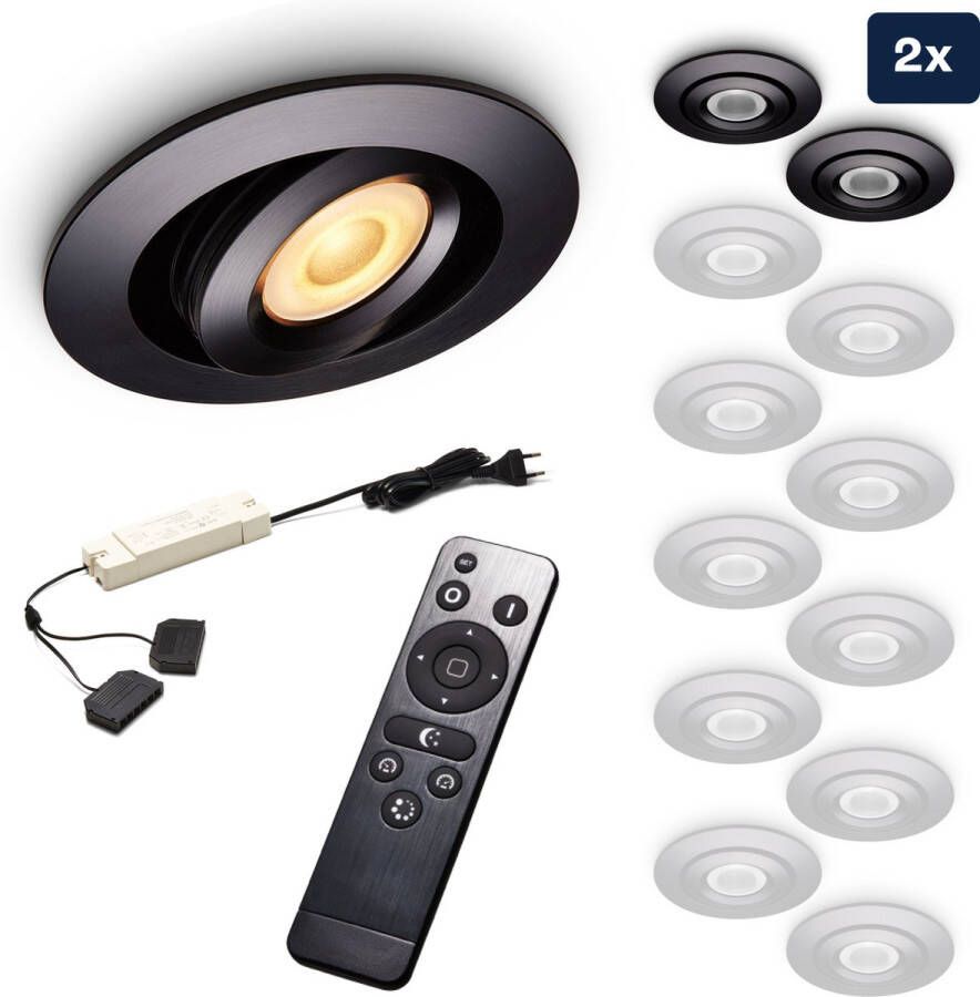 Ledisons LED Inbouwspot Piccolo 3W Spot Set van 2 stuks met afstandsbediening Dimbaar Spotje Extra Warm Wit IP44 Geschikt als Badkamer Lamp Plafondlamp Zwart Ø52 mm