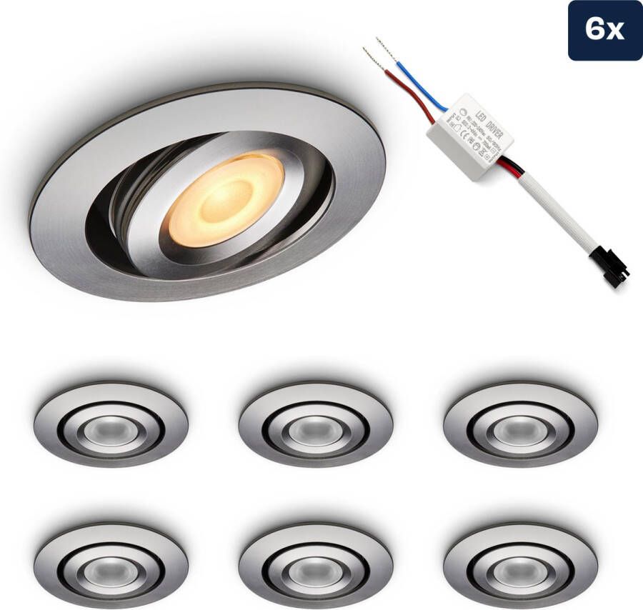 Ledisons LED inbouwspot Piccolo set 6 stuks zilver Ø52 mm 3 jaar garantie 2700K (extra warm-wit) 100 lumen 1 Watt IP44