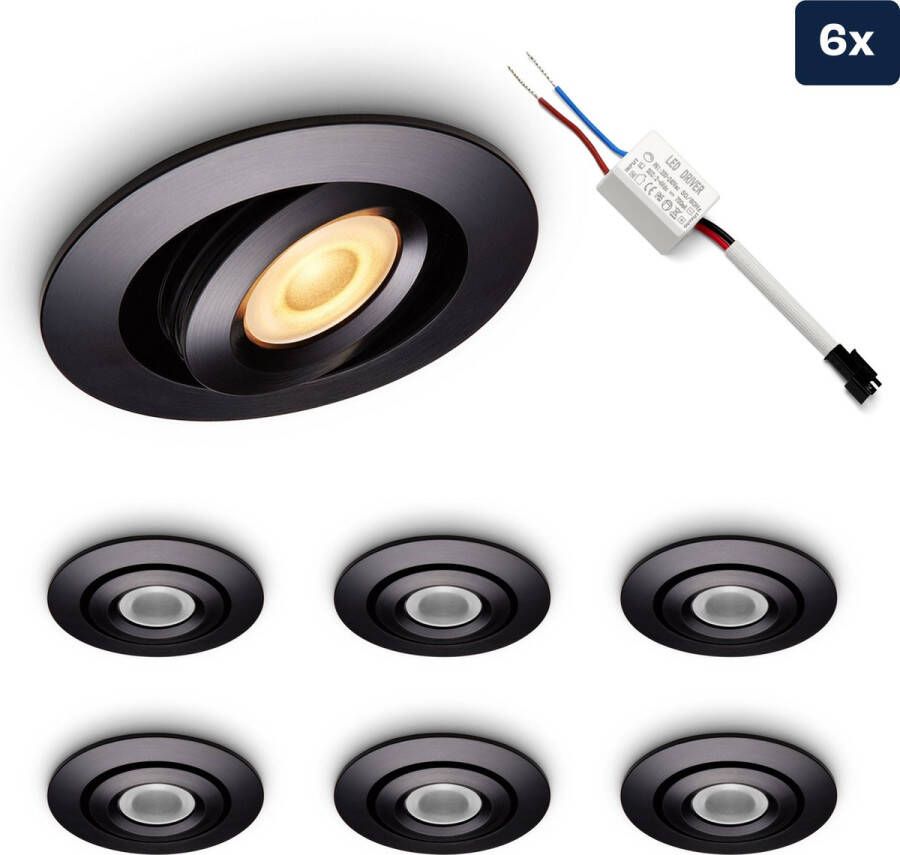 Ledisons LED inbouwspot Piccolo set 6 stuks zwart dimbaar Ø52 mm 3 jaar garantie 2700K (extra warm-wit) 175 lumen 3 Watt IP44