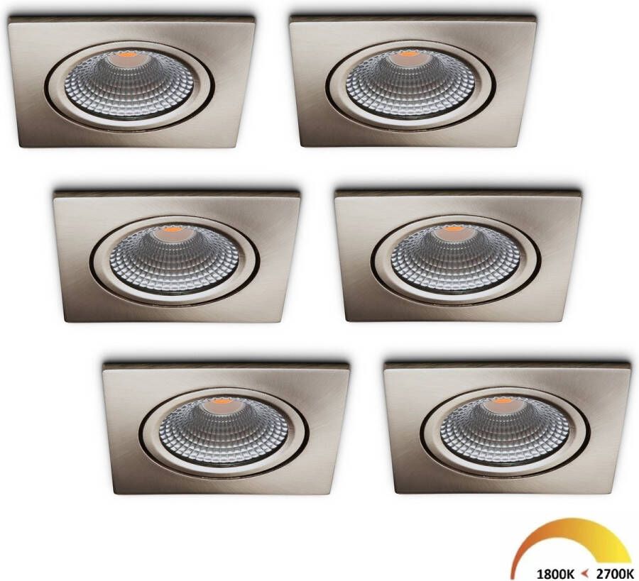 Ledisons LED inbouwspot Trento set 6 stuks RVS dimbaar Ø85 mm 5 jaar garantie Dim-to-warm 450 lumen 5 Watt IP54