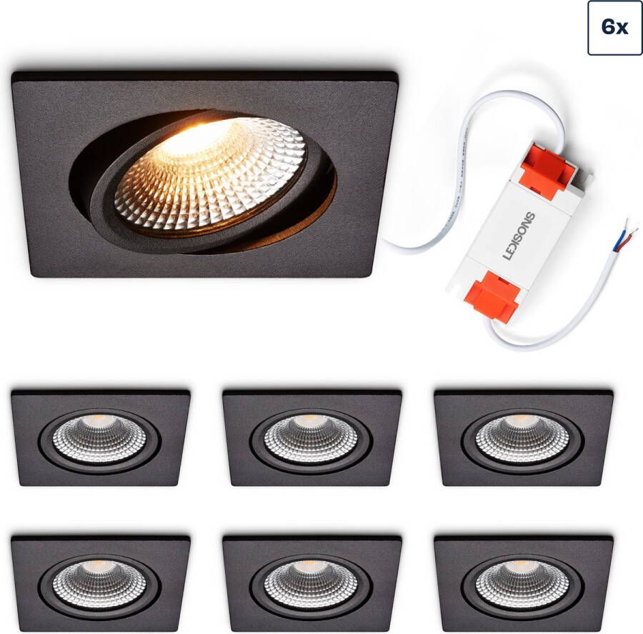 Ledisons LED inbouwspot Trento set 6 stuks zwart dimbaar Ø85 mm 5 jaar garantie 2700K (extra warm-wit) 450 lumen 5 Watt IP54