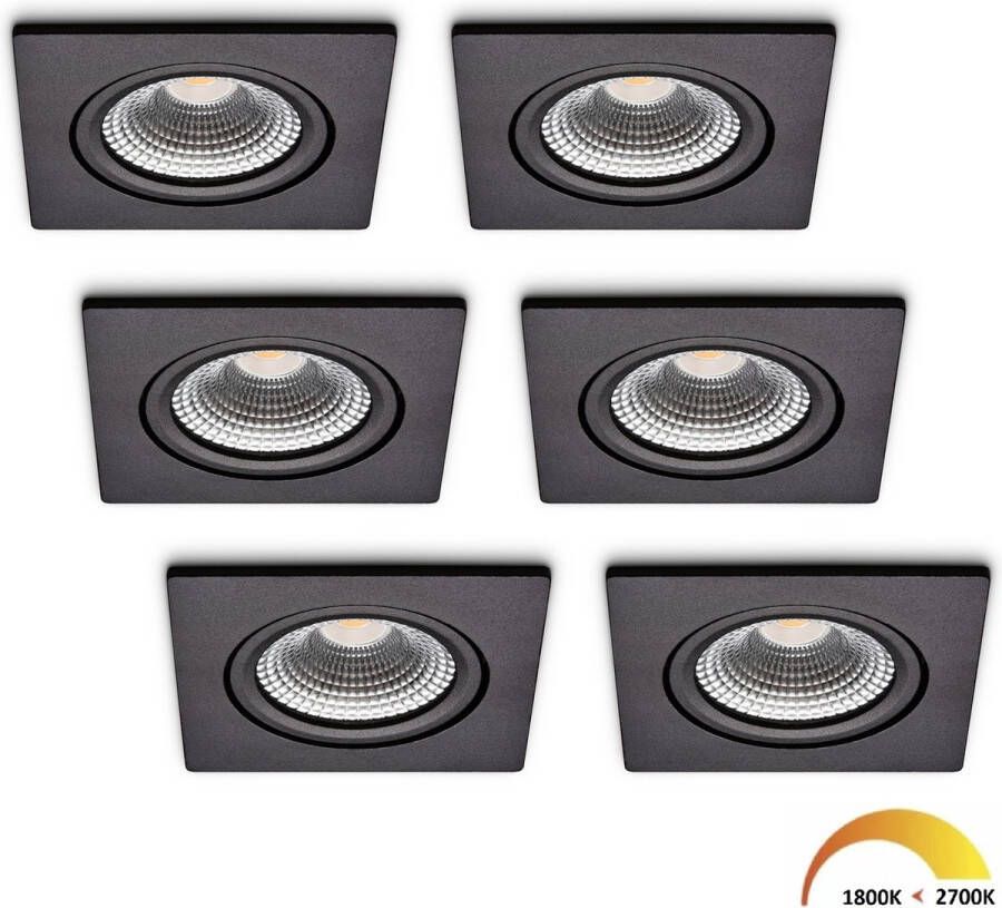 Ledisons LED inbouwspot Trento set 6 stuks zwart dimbaar Ø85 mm 5 jaar garantie Dim-to-warm 450 lumen 5 Watt IP54
