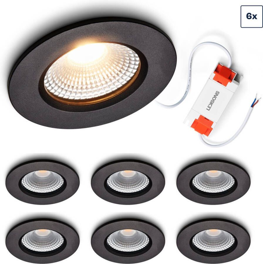 Ledisons LED inbouwspot Udis set 6 stuks zwart Ø82 mm 5 jaar garantie Dim-to-warm 450 lumen 5 Watt IP65