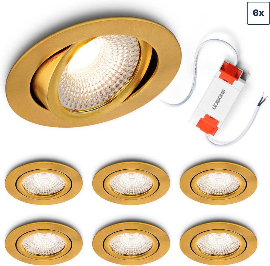 Ledisons LED Inbouwspot Vivaro 5W Spot Set van 6 stuks Dimbaar Spotje Extra Warm Wit IP54 Geschikt als Badkamer Lamp Plafondlamp Goud Ø85 mm