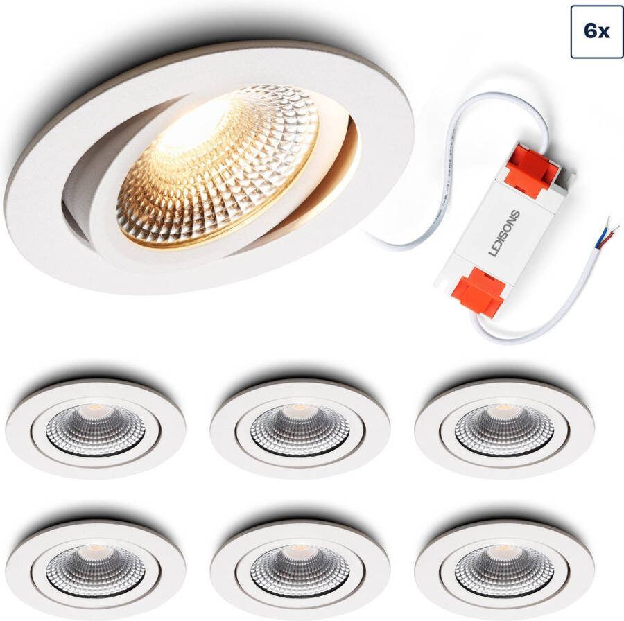Ledisons LED inbouwspot Vivaro set 6 stuks wit dimbaar Ø85 mm 5 jaar garantie Dim-to-warm 450 lumen 5 Watt IP54