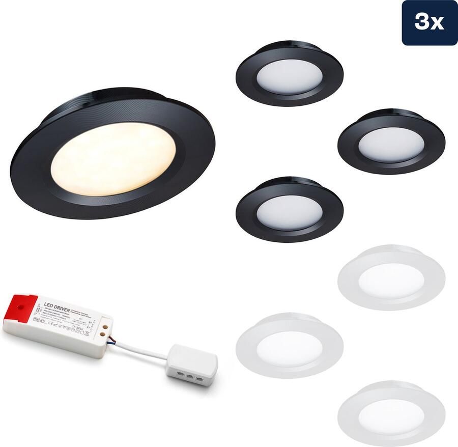 Ledisons LED Inbouwspot Modena 3W Spot Set van 3 stuks Dimbaar Spotje Extra Warm Wit IP44 Geschikt als Badkamer Lamp Plafondlamp Zwart Ø68 mm