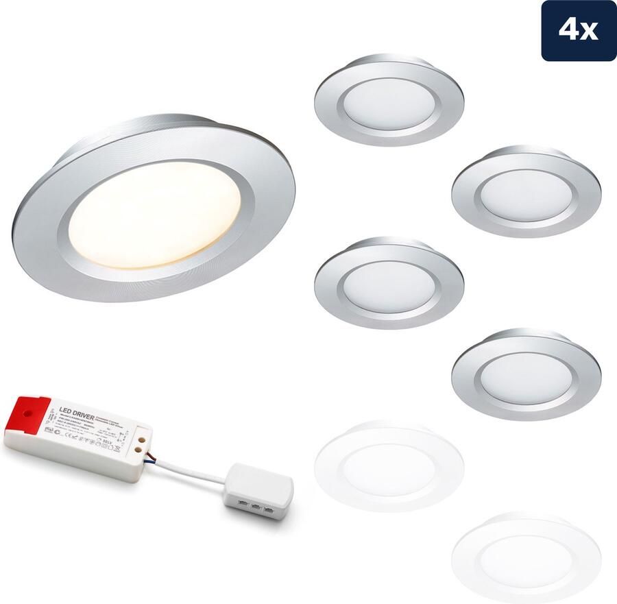 Ledisons LED Inbouwspot Modena 3W Spot Set van 4 stuks Dimbaar Spotje Extra Warm Wit IP44 Geschikt als Badkamer Lamp Plafondlamp Zilver Ø68 mm