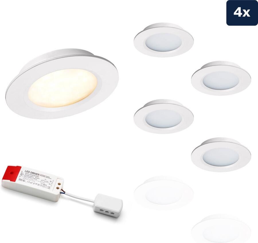 Ledisons LED Inbouwspot Modena 3W Spot Set van 4 stuks Dimbaar Spotje Extra Warm Wit IP44 Geschikt als Badkamer Lamp Plafondlamp Wit Ø68 mm