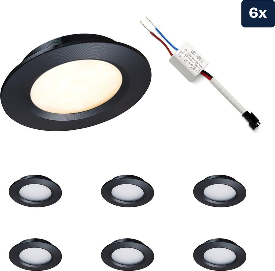 Ledisons LED inbouwspot Modena set 6 stuks zwart dimbaar Ø68 mm 3 jaar garantie 2700K (extra warm-wit) 190 lumen 3 Watt IP44