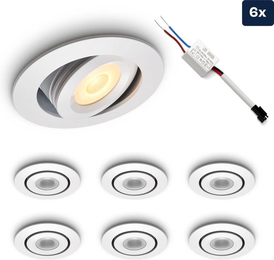 Ledisons LED inbouwspot Piccolo set 6 stuks wit dimbaar Ø52 mm 3 jaar garantie 2700K (extra warm-wit) 175 lumen 3 Watt IP44