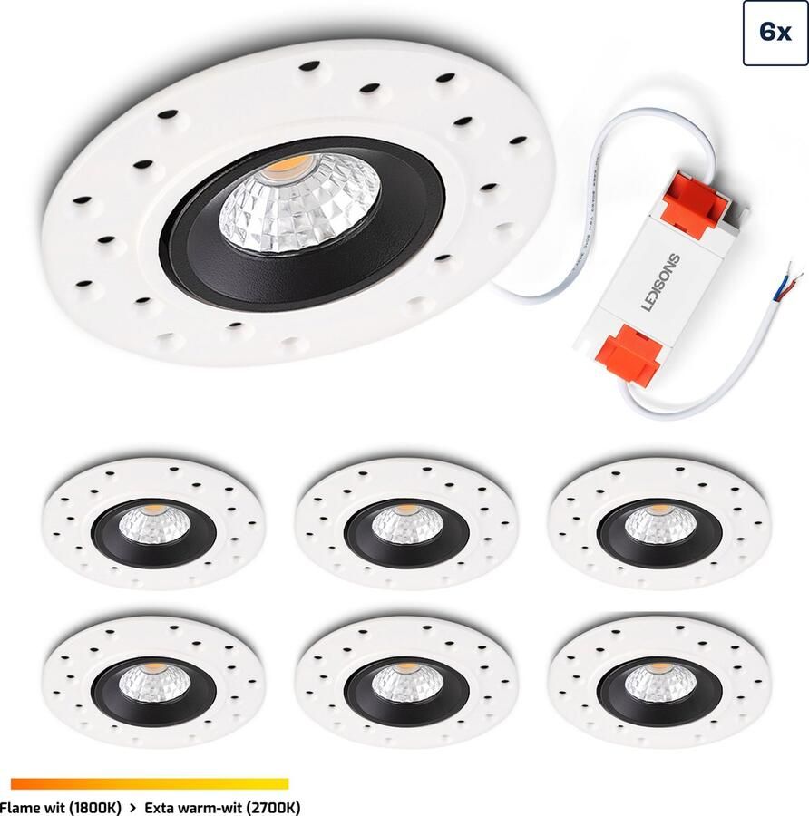 Ledisons LED inbouwspot trimless Sola set 6 stuks zwart Ø100 mm 5 jaar garantie Dim-to-warm 450 lumen 5 Watt IP54