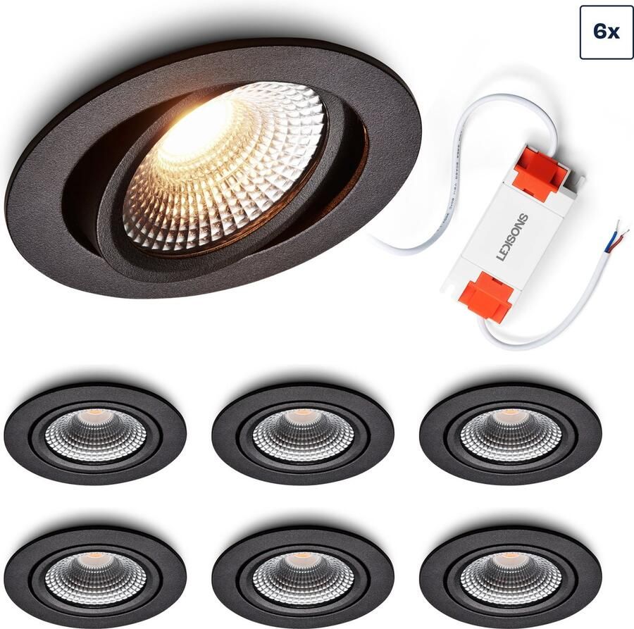 Ledisons LED inbouwspot Vivaro set 6 stuks zwart dimbaar Ø85 mm 5 jaar garantie 2200K (flame-wit) 450 lumen 5 Watt IP54