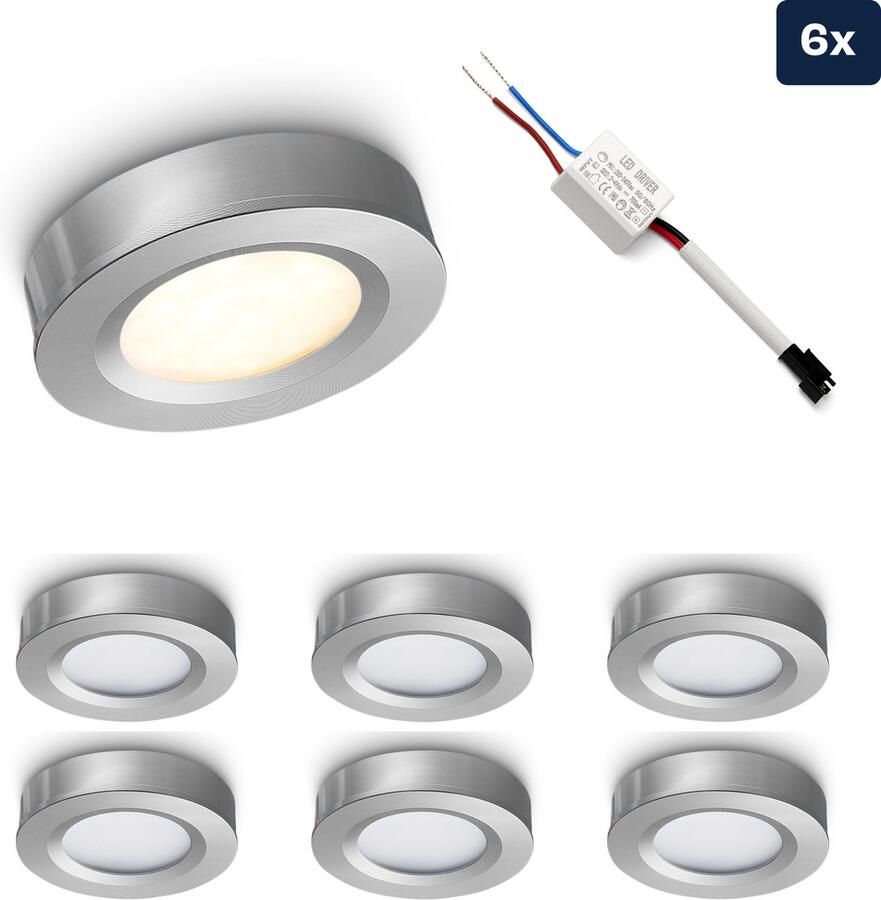 Ledisons LED opbouwspot Adria 3W Spot Set van 6 stuks Dimbaar Spotje Extra Warm Wit IP44 Geschikt als Badkamer Lamp Plafondlamp Zilver Ø69 mm