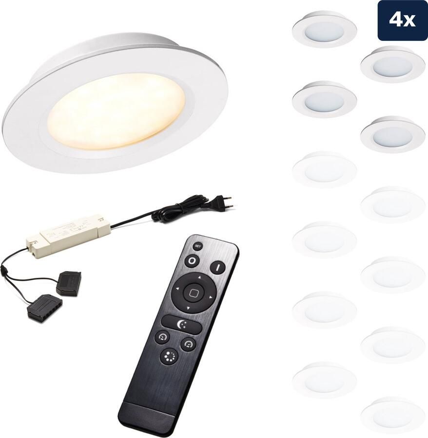Ledisons Modena Set met 4 witte LED inbouwspots en afstandsbediening dimbaar 3 jaar garantie 2700K (extra warm-wit) 200 Lumen 3W IP44