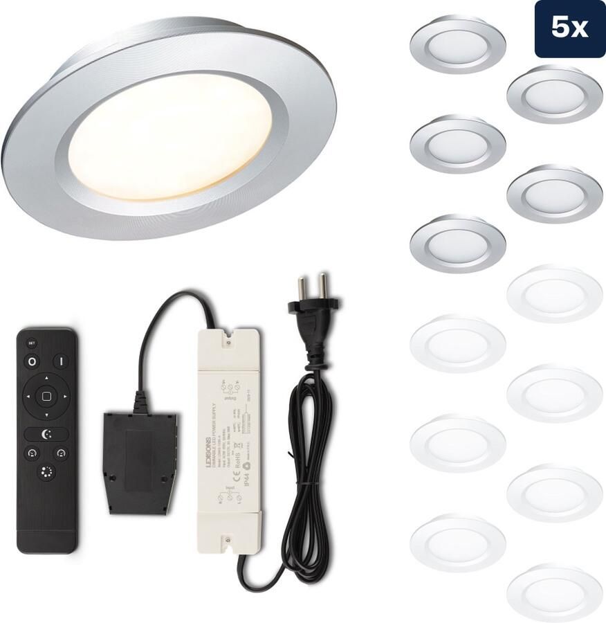Ledisons Modena Set met 5 zilveren LED inbouwspots en afstandsbediening dimbaar 3 jaar garantie 2700K (extra warm-wit) 200 Lumen 3W IP44