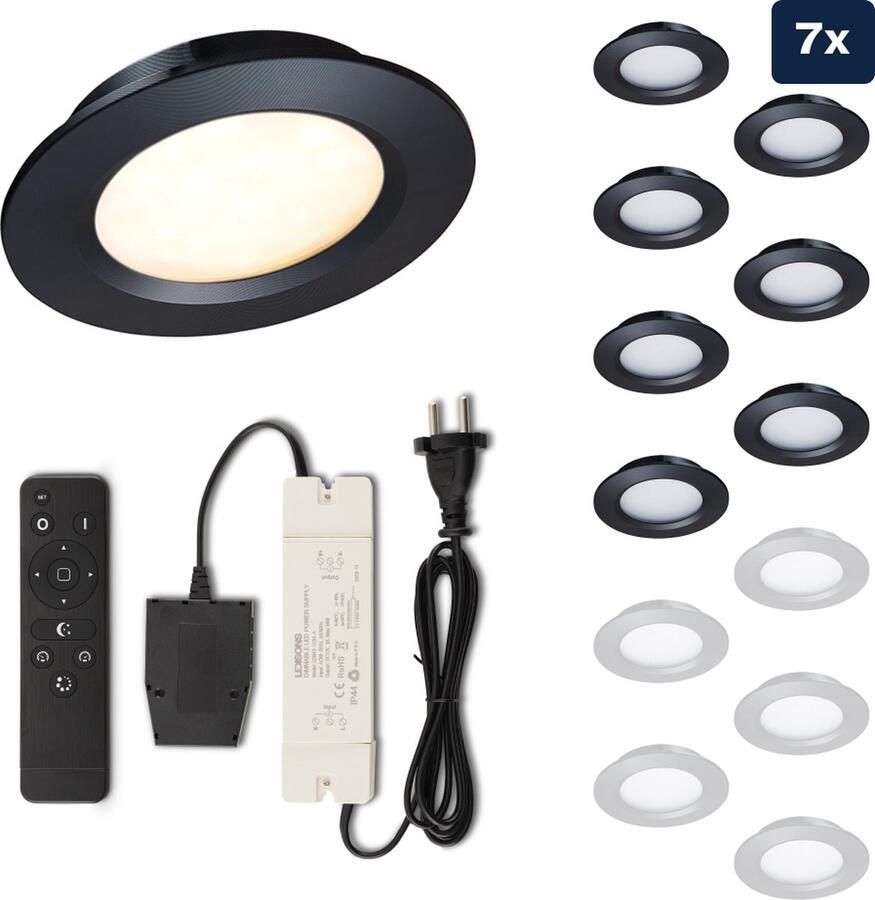 Ledisons Modena Set met 7 zwarte LED inbouwspots en afstandsbediening dimbaar 3 jaar garantie 2700K (extra warm-wit) 200 Lumen 3W IP44
