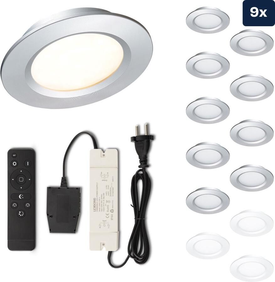 Ledisons Modena Set met 9 zilveren LED inbouwspots en afstandsbediening dimbaar 3 jaar garantie 2700K (extra warm-wit) 200 Lumen 3W IP44
