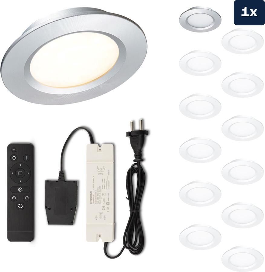 Ledisons Modena Set met zilveren LED inbouwspot en afstandsbediening dimbaar 3 jaar garantie 2700K (extra warm-wit) 200 Lumen 3W IP44