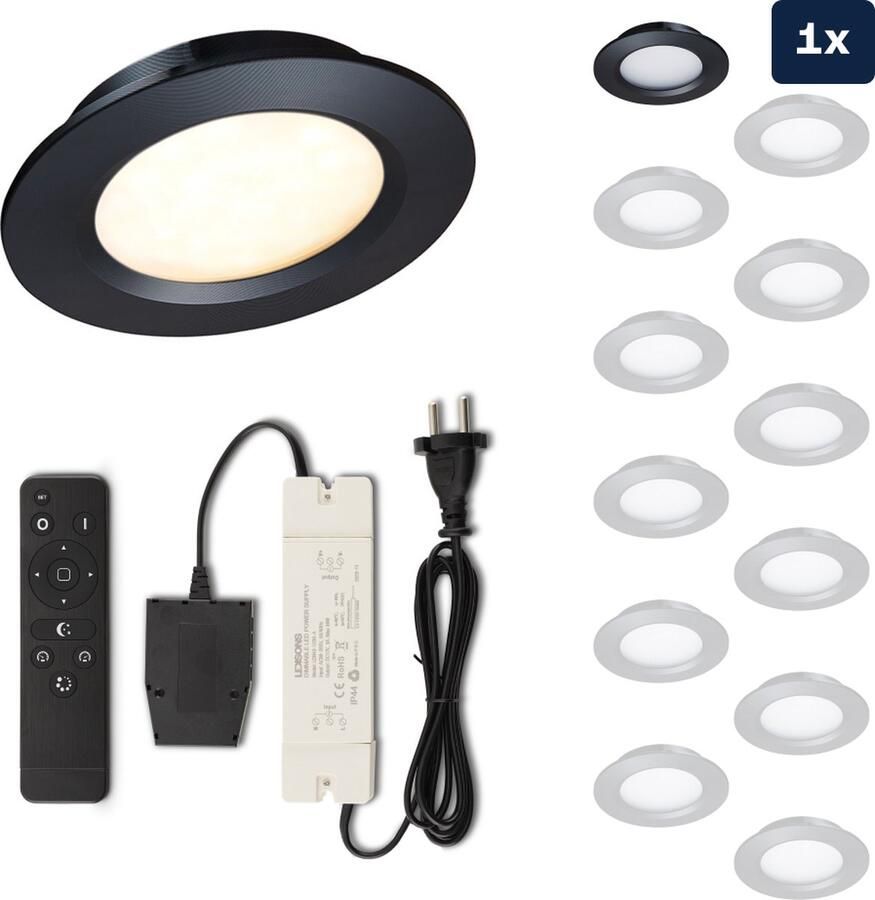 Ledisons Modena Set met zwarte LED inbouwspot en afstandsbediening dimbaar 3 jaar garantie 2700K (extra warm-wit) 200 Lumen 3W IP44