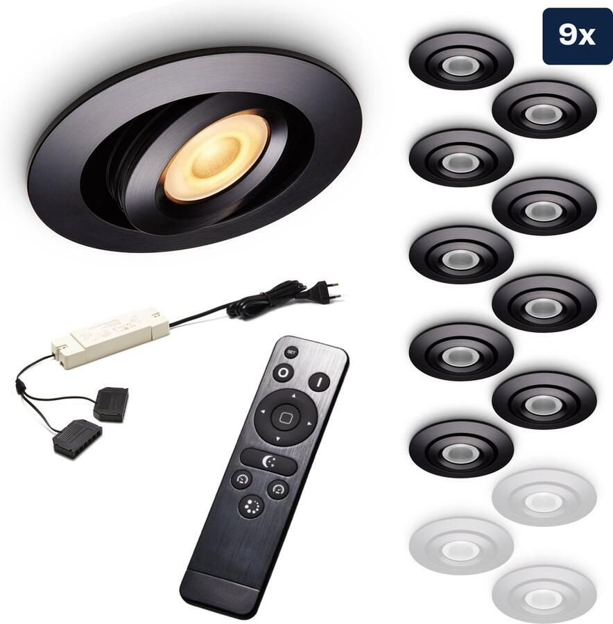 Ledisons Piccolo Set met 9 zwarte LED inbouwspots en afstandsbediening dimbaar 3 jaar garantie 2700K (extra warm-wit) 200 Lumen 3W IP44