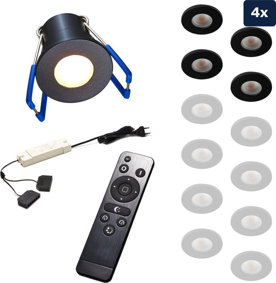 Ledisons Varese Set met 4 zwarte LED inbouwspots en afstandsbediening dimbaar 3 jaar garantie 2700K (extra warm-wit) 200 Lumen 3W IP65