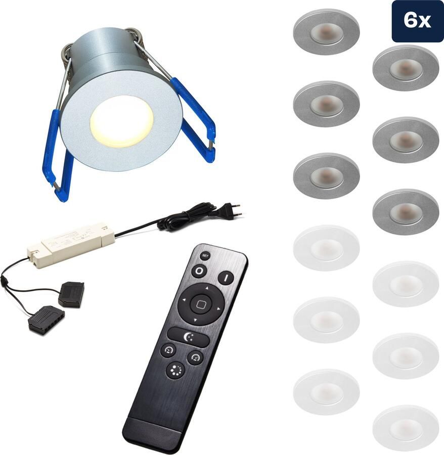 Ledisons Varese Set met 6 zilveren LED inbouwspots en afstandsbediening dimbaar 3 jaar garantie 2700K (extra warm-wit) 200 Lumen 3W IP65