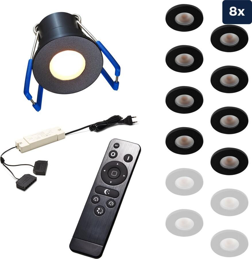 Ledisons Varese Set met 8 zwarte LED inbouwspots en afstandsbediening dimbaar 3 jaar garantie 2700K (extra warm-wit) 200 Lumen 3W IP65