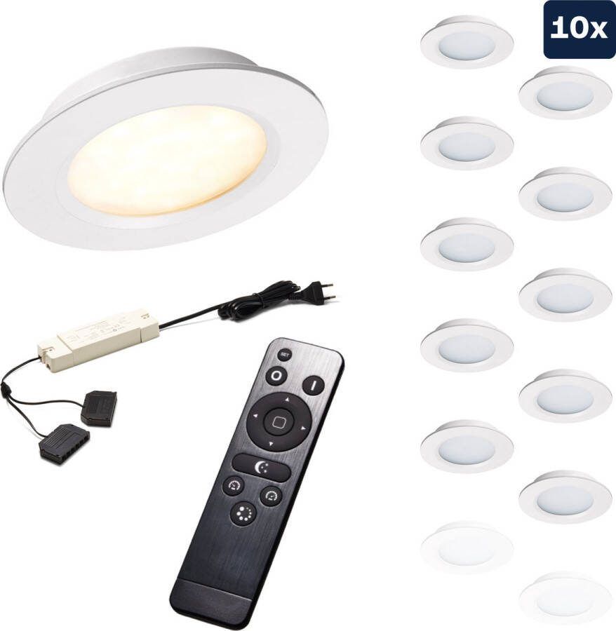 Ledisons Modena Set met 10 witte LED inbouwspots en afstandsbediening dimbaar 3 jaar garantie 2700K (extra warm-wit) 200 Lumen 3W IP44