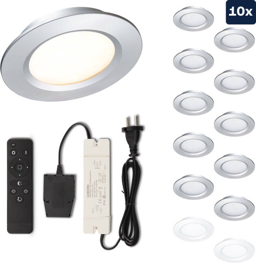 Ledisons Modena Set met 10 zilveren LED inbouwspots en afstandsbediening dimbaar 3 jaar garantie 2700K (extra warm-wit) 200 Lumen 3W IP44