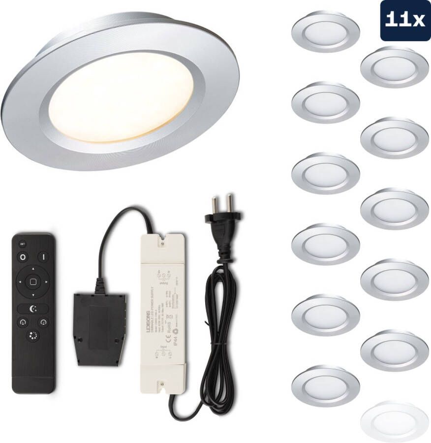 Ledisons Modena Set met 11 zilveren LED inbouwspots en afstandsbediening dimbaar 3 jaar garantie 2700K (extra warm-wit) 200 Lumen 3W IP44