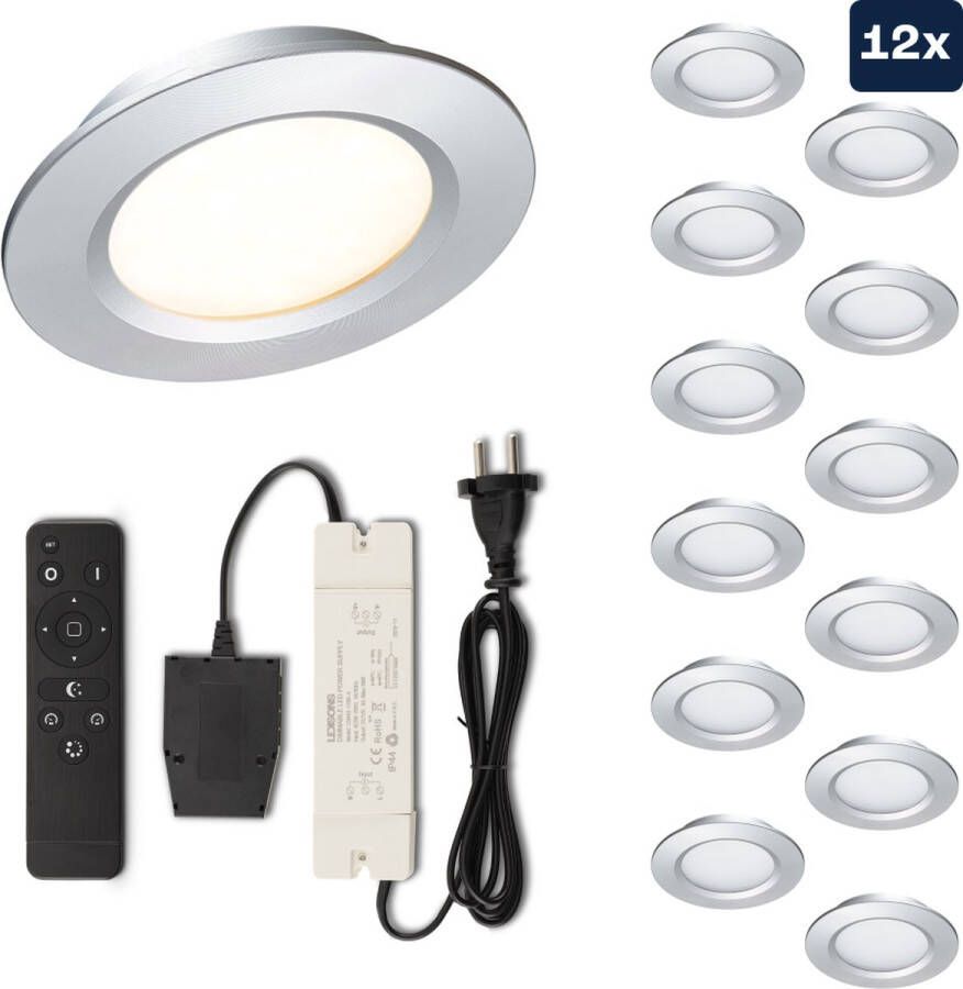 Ledisons Modena Set met 12 zilveren LED inbouwspots en afstandsbediening dimbaar 3 jaar garantie 2700K (extra warm-wit) 200 Lumen 3W IP44