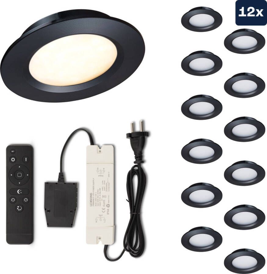 Ledisons Modena Set met 12 zwarte LED inbouwspots en afstandsbediening dimbaar 3 jaar garantie 2700K (extra warm-wit) 200 Lumen 3W IP44