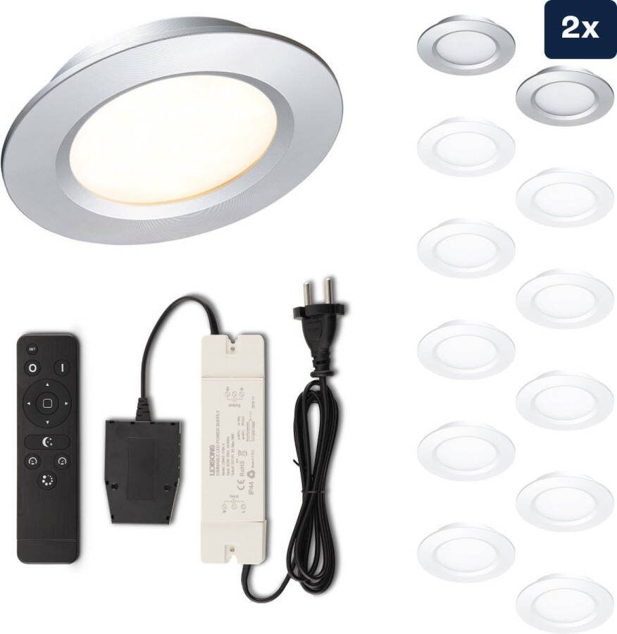 Ledisons Modena Set met 2 zilveren LED inbouwspots en afstandsbediening dimbaar 3 jaar garantie 2700K (extra warm-wit) 200 Lumen 3W IP44