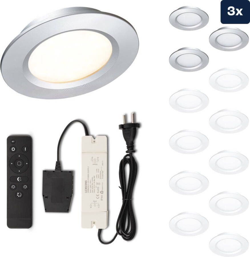 Ledisons Modena Set met 3 zilveren LED inbouwspots en afstandsbediening dimbaar 3 jaar garantie 2700K (extra warm-wit) 200 Lumen 3W IP44