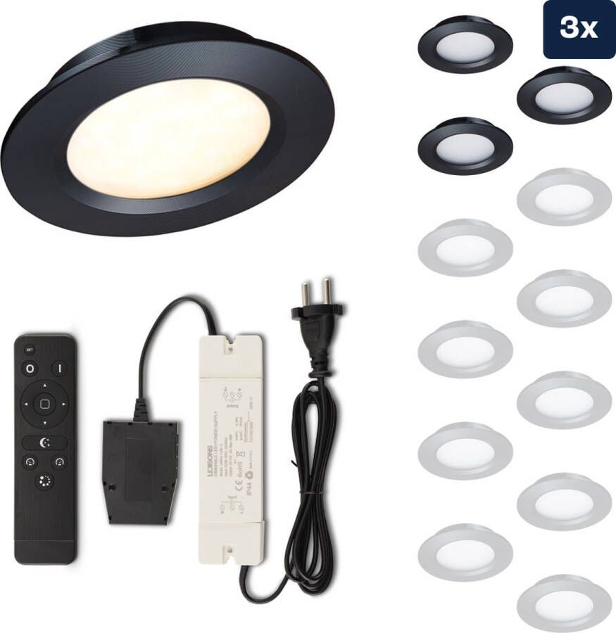 Ledisons Modena Set met 3 zwarte LED inbouwspots en afstandsbediening dimbaar 3 jaar garantie 2700K (extra warm-wit) 200 Lumen 3W IP44