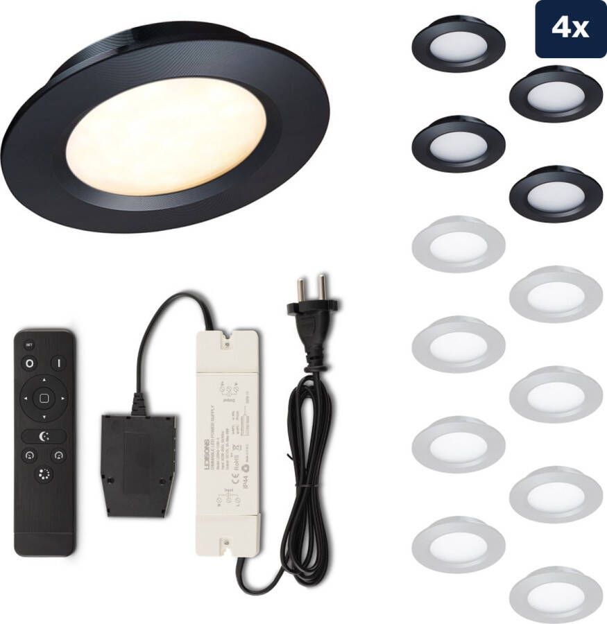 Ledisons Modena Set met 4 zwarte LED inbouwspots en afstandsbediening dimbaar 3 jaar garantie 2700K (extra warm-wit) 200 Lumen 3W IP44