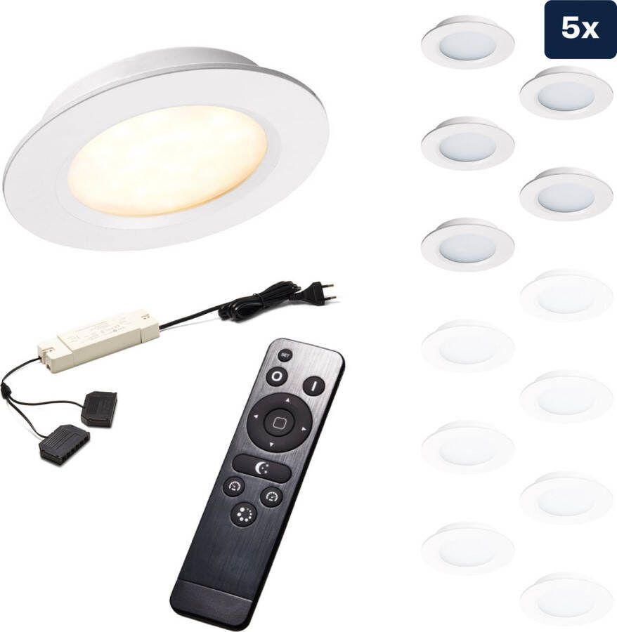 Ledisons Modena Set met 5 witte LED inbouwspots en afstandsbediening dimbaar 3 jaar garantie 2700K (extra warm-wit) 200 Lumen 3W IP44