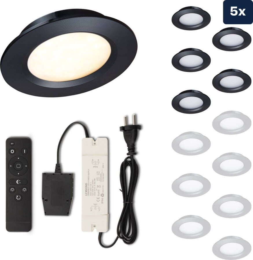 Ledisons Modena Set met 5 zwarte LED inbouwspots en afstandsbediening dimbaar 3 jaar garantie 2700K (extra warm-wit) 200 Lumen 3W IP44