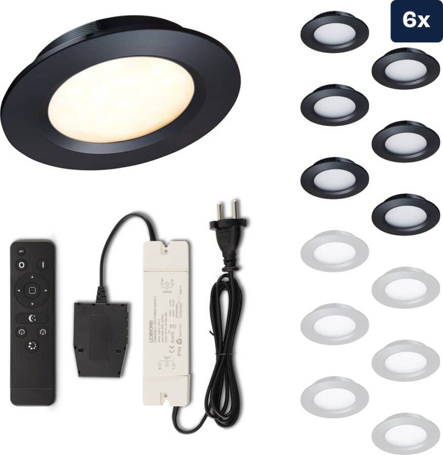 Ledisons Modena Set met 6 zwarte LED inbouwspots en afstandsbediening dimbaar 3 jaar garantie 2700K (extra warm-wit) 200 Lumen 3W IP44