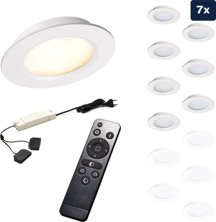Ledisons Modena Set met 7 witte LED inbouwspots en afstandsbediening dimbaar 3 jaar garantie 2700K (extra warm-wit) 200 Lumen 3W IP44